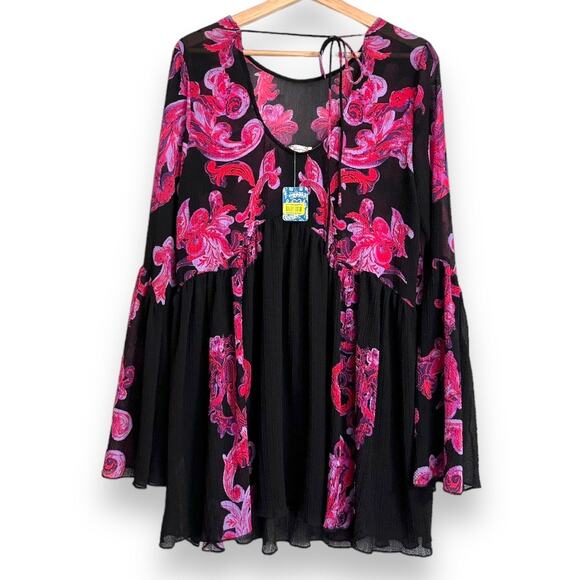 NWT Intimately Free People Black Pink Symphony Bell Sleeve Mini Dress Womens XS - Picture 2 of 11